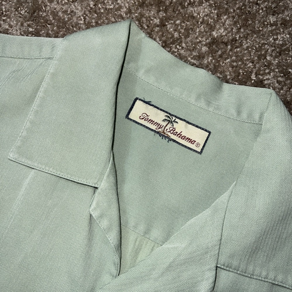 Tommy Bahama Mens Mint Green Silk Short Sleeve Camp Shirt XL Herringbone Woven